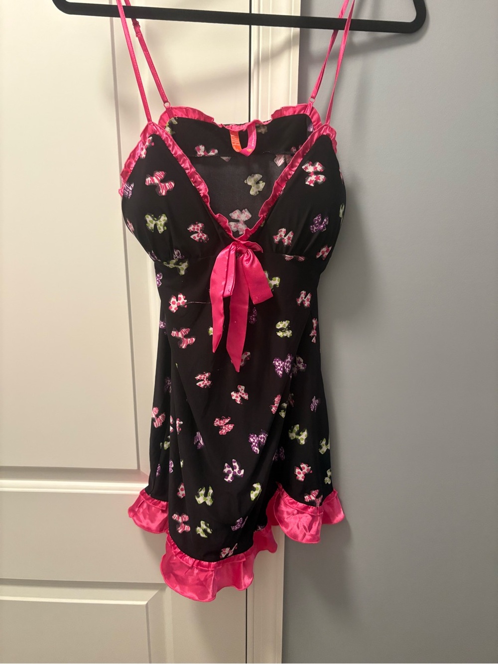 Jennifer Moore Black Butterfly Babydoll Nightgown Pink Satin Trim Medium